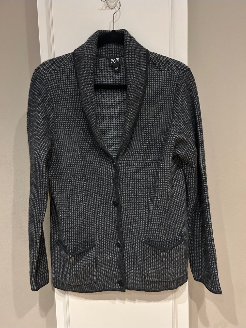 Eileen Fisher Charcoal Shawl-Collar Button Front Cardigan